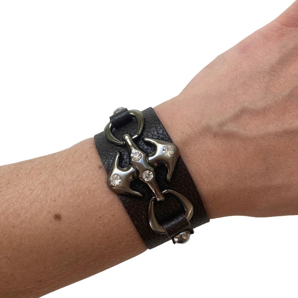 Gothic Punk Rock Gunmetal Pewter Tribal Wings Rhinestones Leather Cuff Bracelet